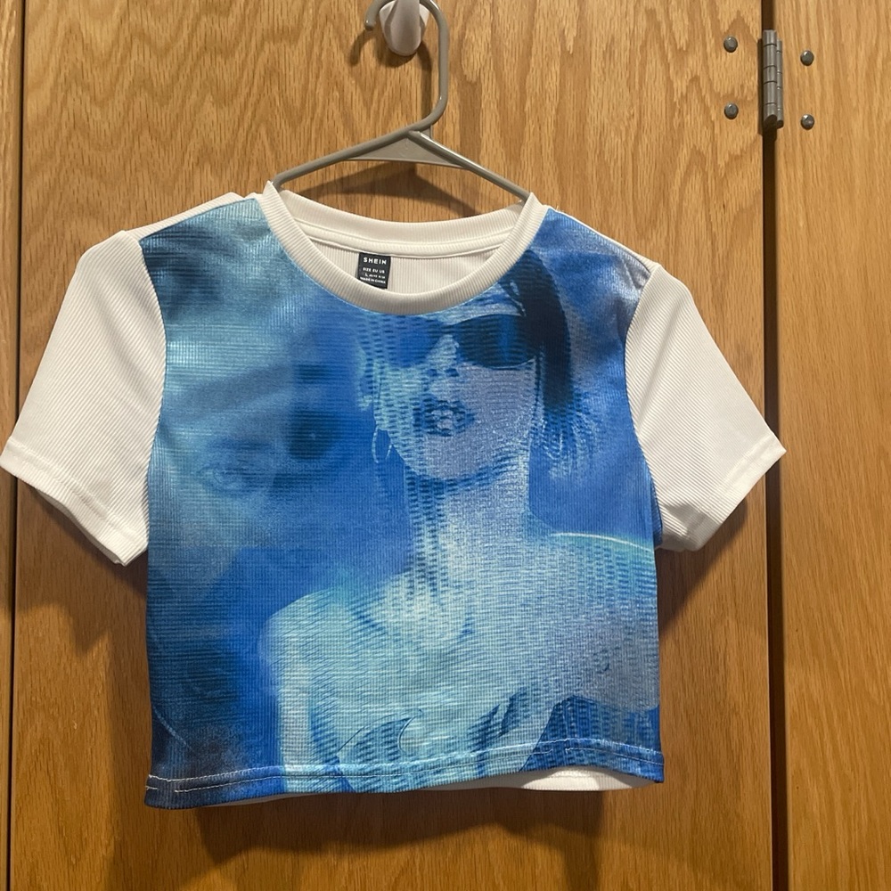 blue and white graphic design baby tee from shein!
